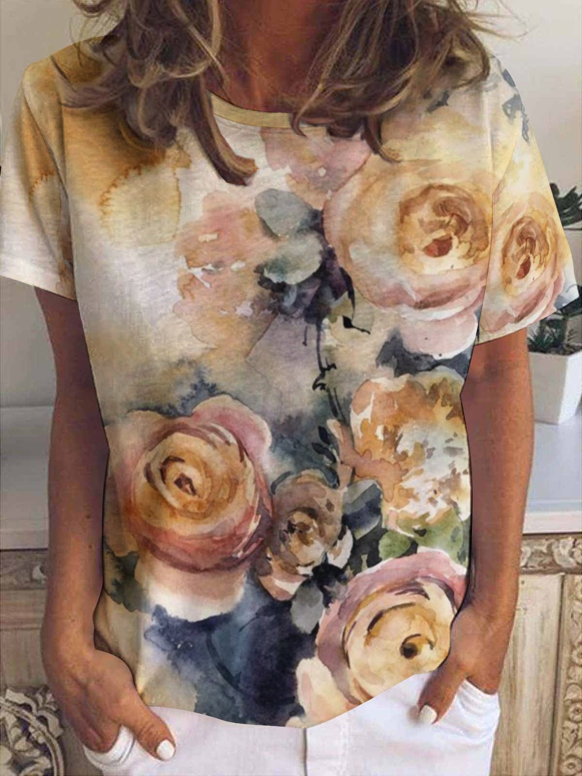 Women's Flower Art Print Casual T-Shirt