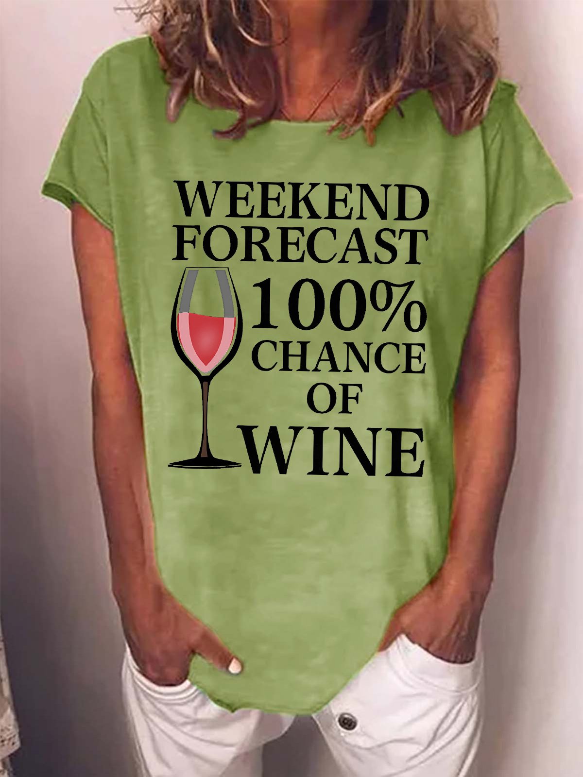 Women's Weekend Forecast 100% Chance Of Wine Funny Graphic Print Casual Loose Cotton Text Letters T-Shirt