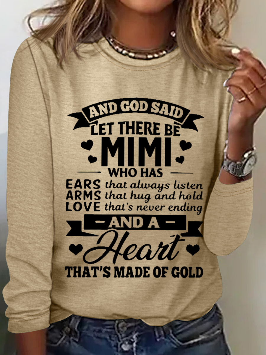 Women’s Funny Word Mimi Grandma Crew Neck Cotton-Blend Long Sleeve Top