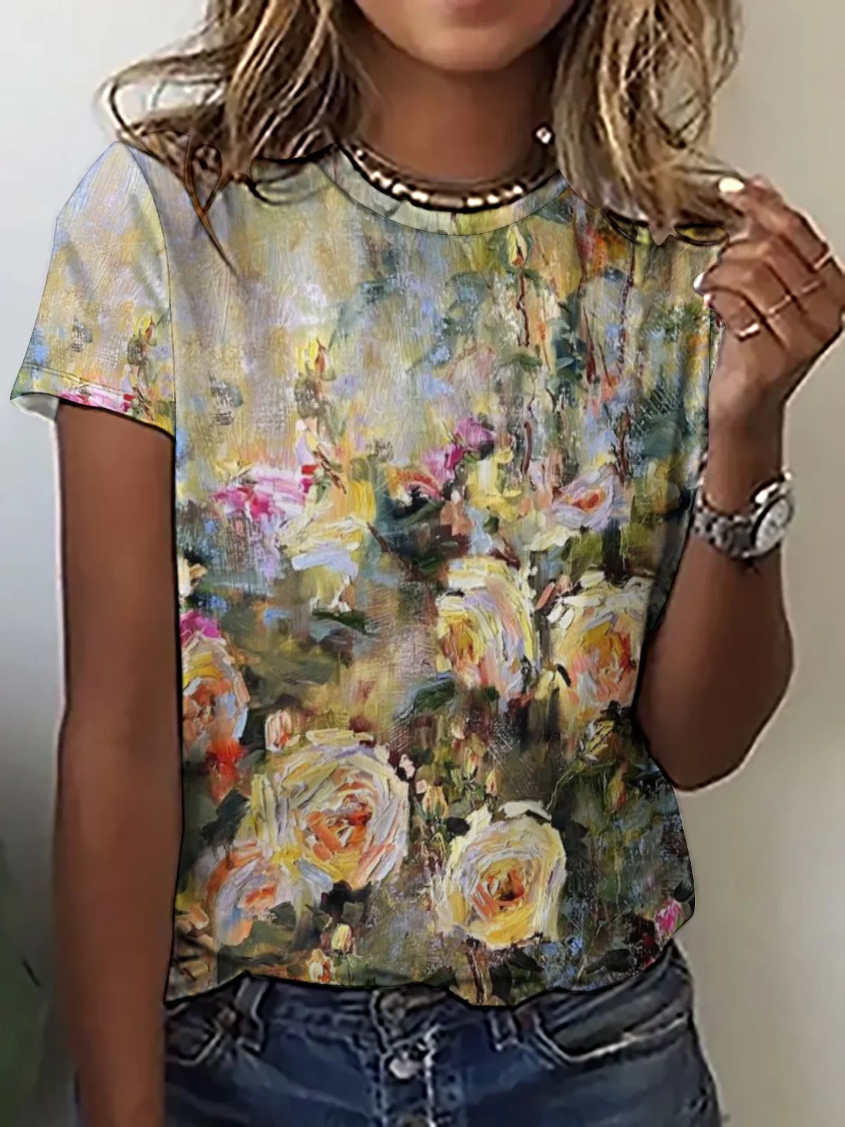 Women's Plants Flower Print Casual Loose Crew Neck T-Shirt