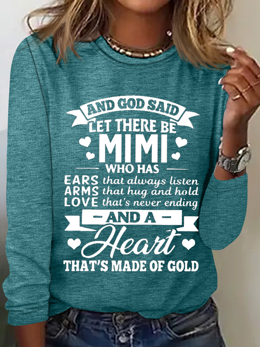 Women’s Funny Word Mimi Grandma Crew Neck Cotton-Blend Long Sleeve Top