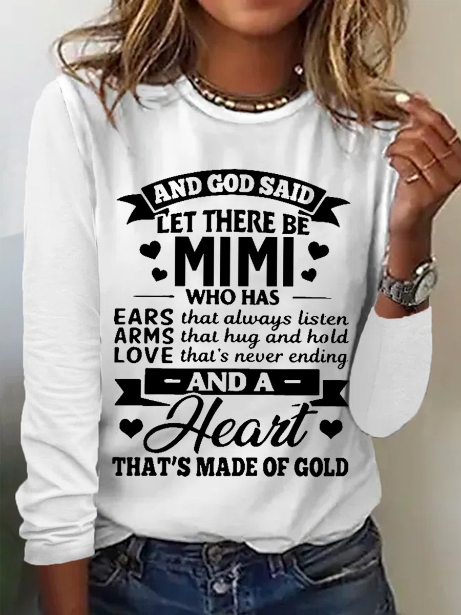 Women’s Funny Word Mimi Grandma Crew Neck Cotton-Blend Long Sleeve Top