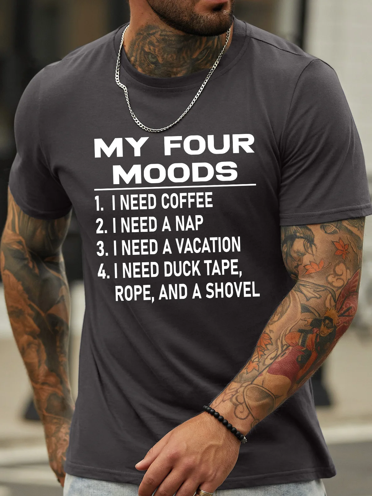 Lilicloth X Hynek Rajtr My Four Moods I Need Coffee I Need A Nap I Need A Vacation I Need Duck Tape Rope And A Shovel Men's T-Shirt