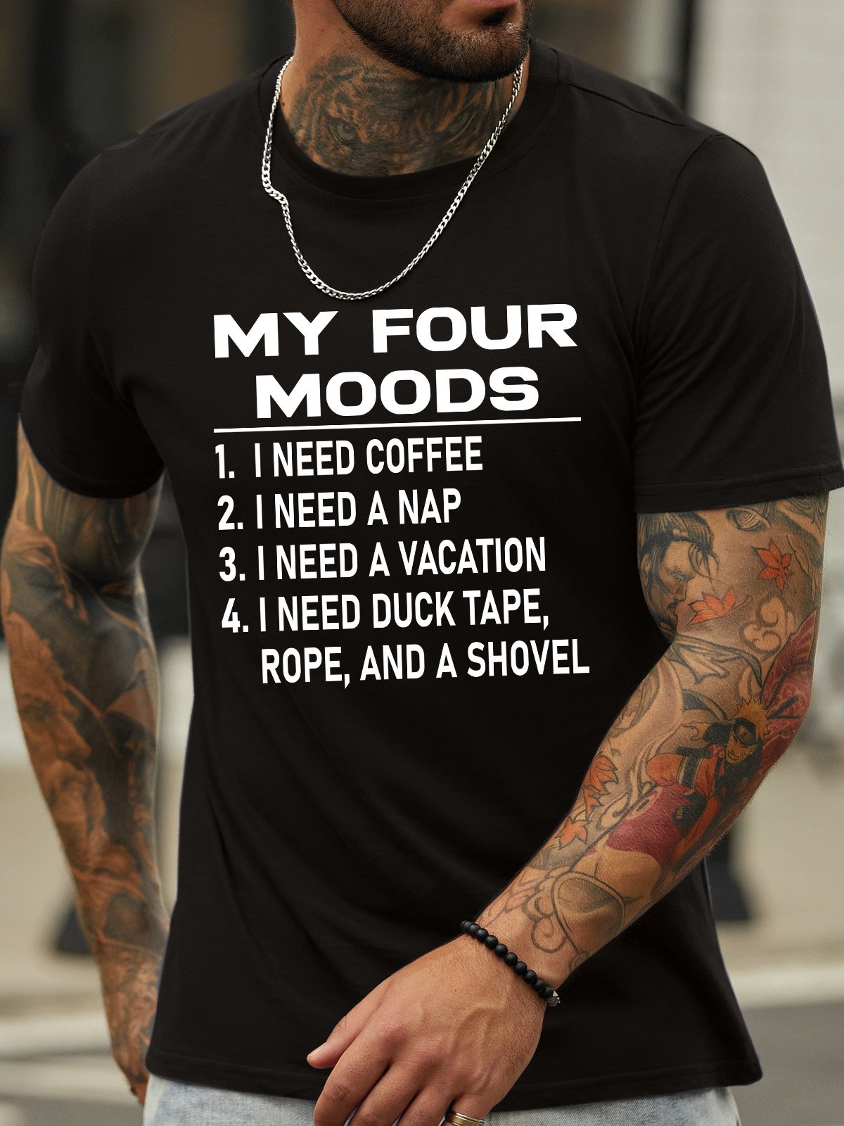 Lilicloth X Hynek Rajtr My Four Moods I Need Coffee I Need A Nap I Need A Vacation I Need Duck Tape Rope And A Shovel Men's T-Shirt