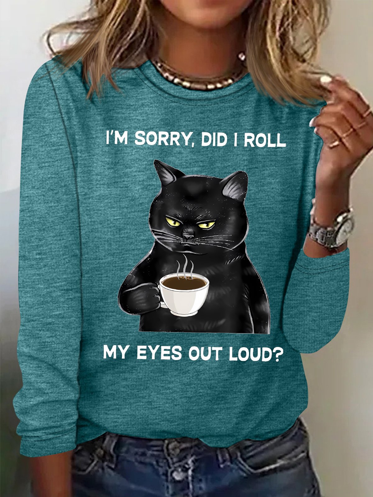 Women's I Am Sorry Did I Roll My Eyes Out Loud Funny Back Cat Graphic Printing Crew Neck Casual Cotton-Blend Regular Fit Shirt