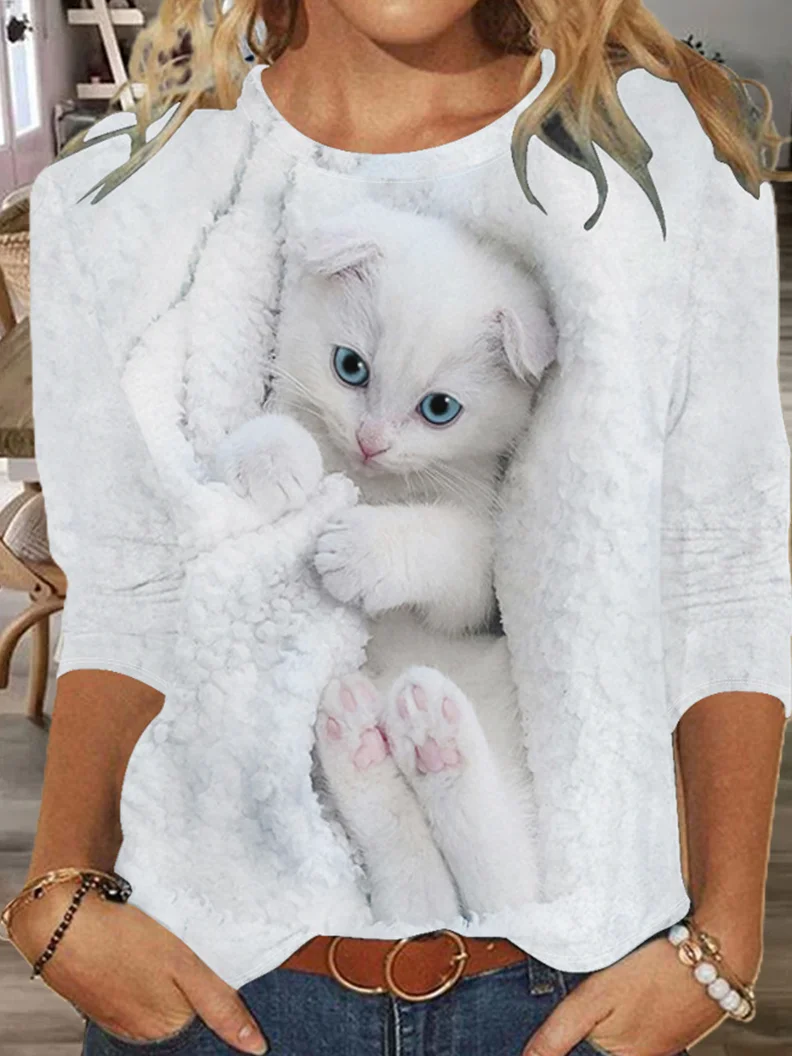 Women's Funny Cat Regular Fit Simple Cat Crew Neck Shirt