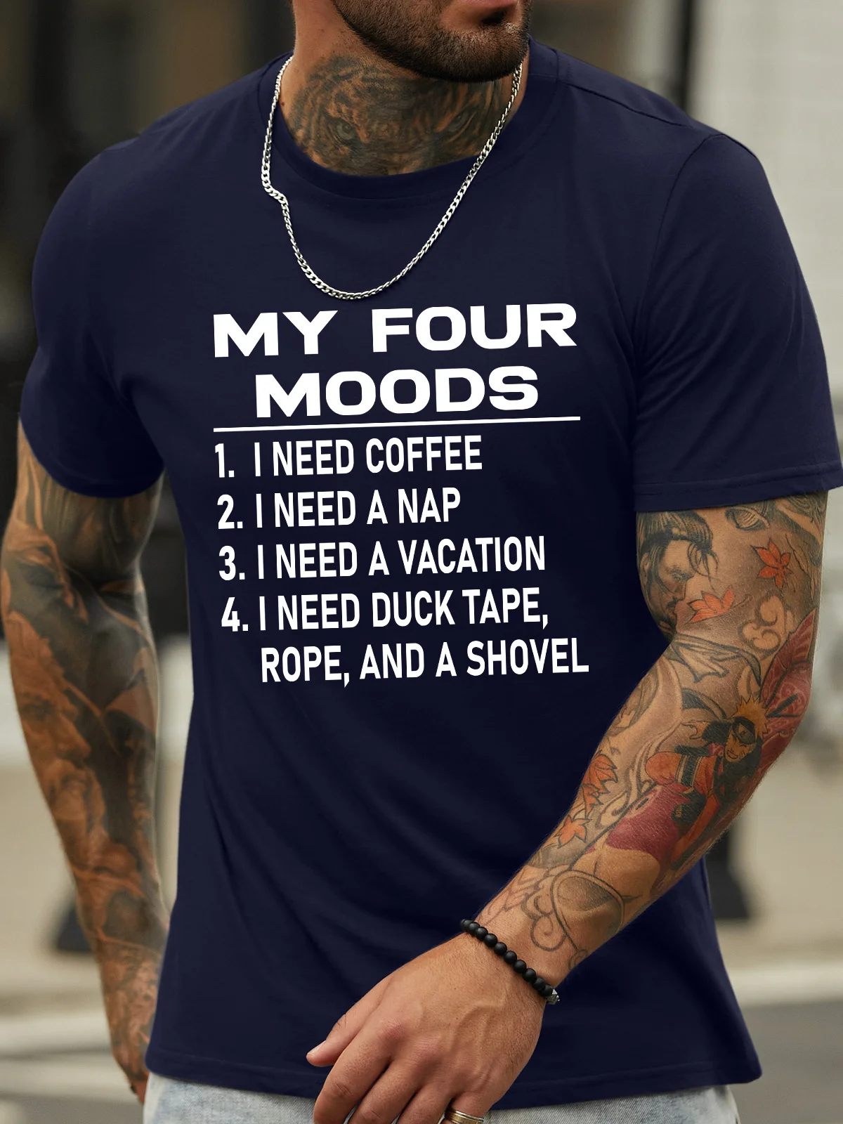 Lilicloth X Hynek Rajtr My Four Moods I Need Coffee I Need A Nap I Need A Vacation I Need Duck Tape Rope And A Shovel Men's T-Shirt