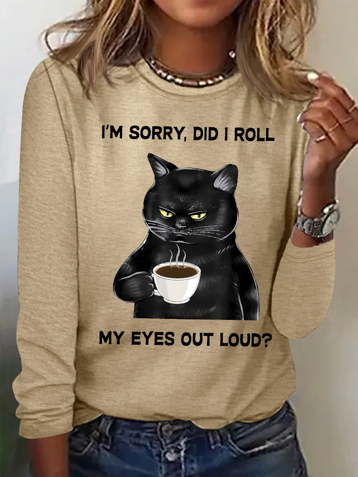 Women's I Am Sorry Did I Roll My Eyes Out Loud Funny Back Cat Graphic Printing Crew Neck Casual Cotton-Blend Regular Fit Shirt