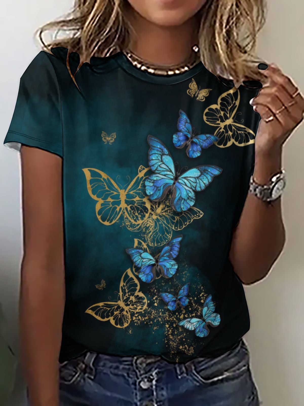 Women's Golden Butterfly Art Printing Loose Casual Crew Neck T-Shirt