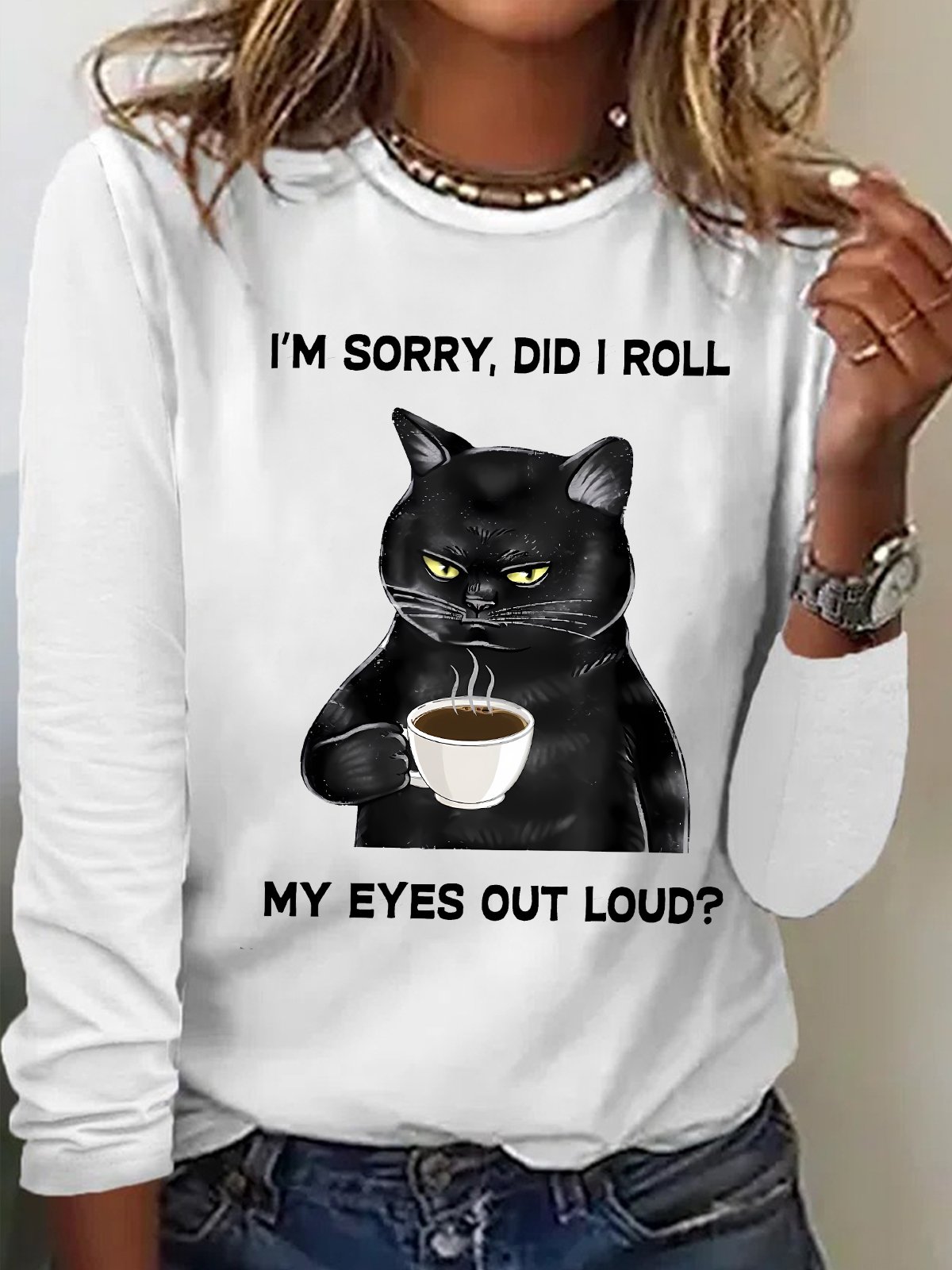 Women's I Am Sorry Did I Roll My Eyes Out Loud Funny Back Cat Graphic Printing Crew Neck Casual Cotton-Blend Regular Fit Shirt