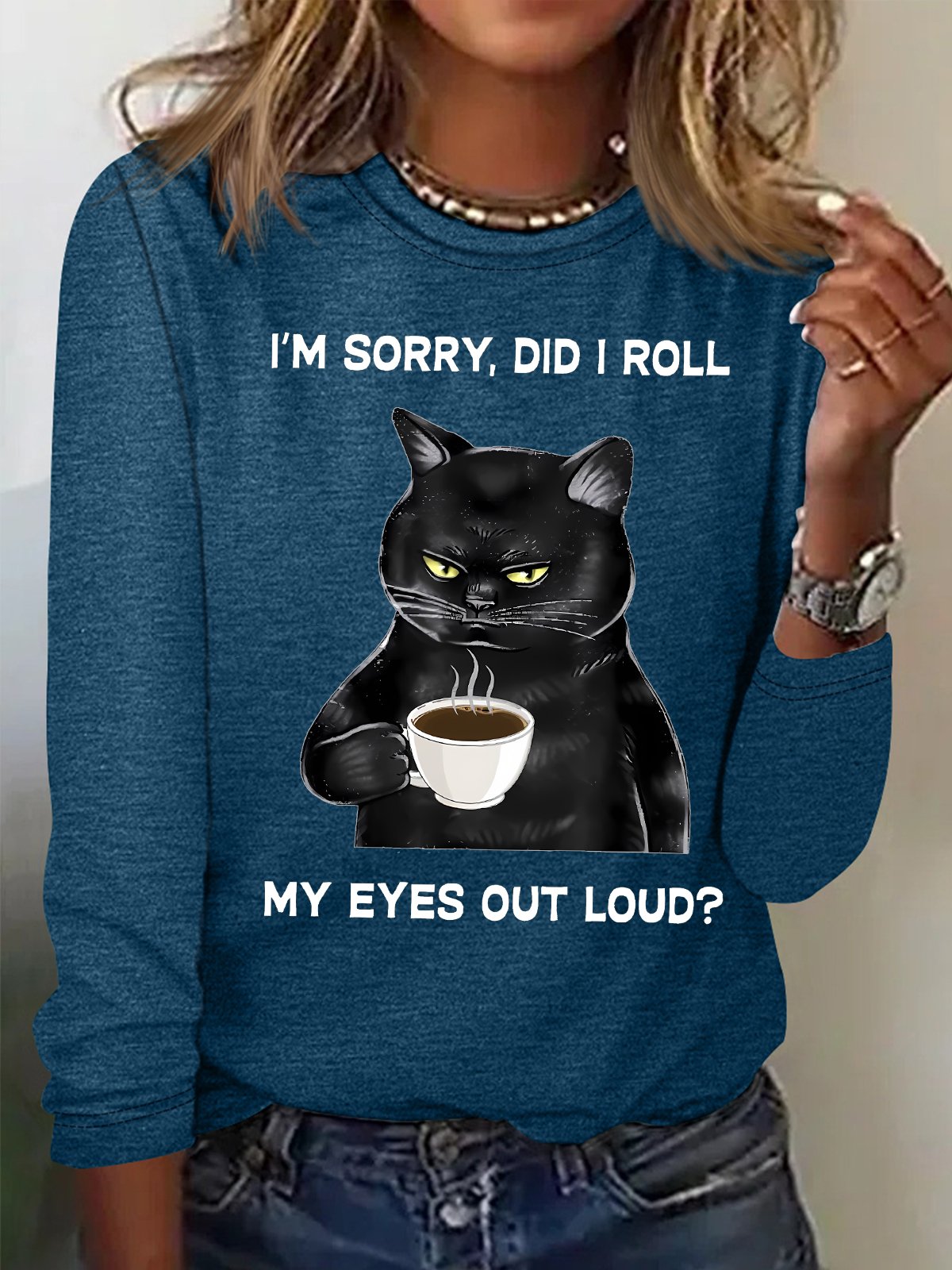 Women's I Am Sorry Did I Roll My Eyes Out Loud Funny Back Cat Graphic Printing Crew Neck Casual Cotton-Blend Regular Fit Shirt