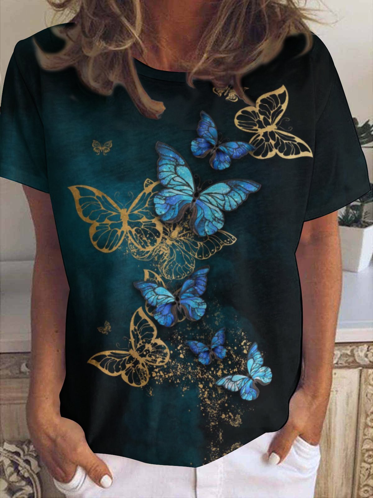 Women's Golden Butterfly Art Printing Loose Casual Crew Neck T-Shirt