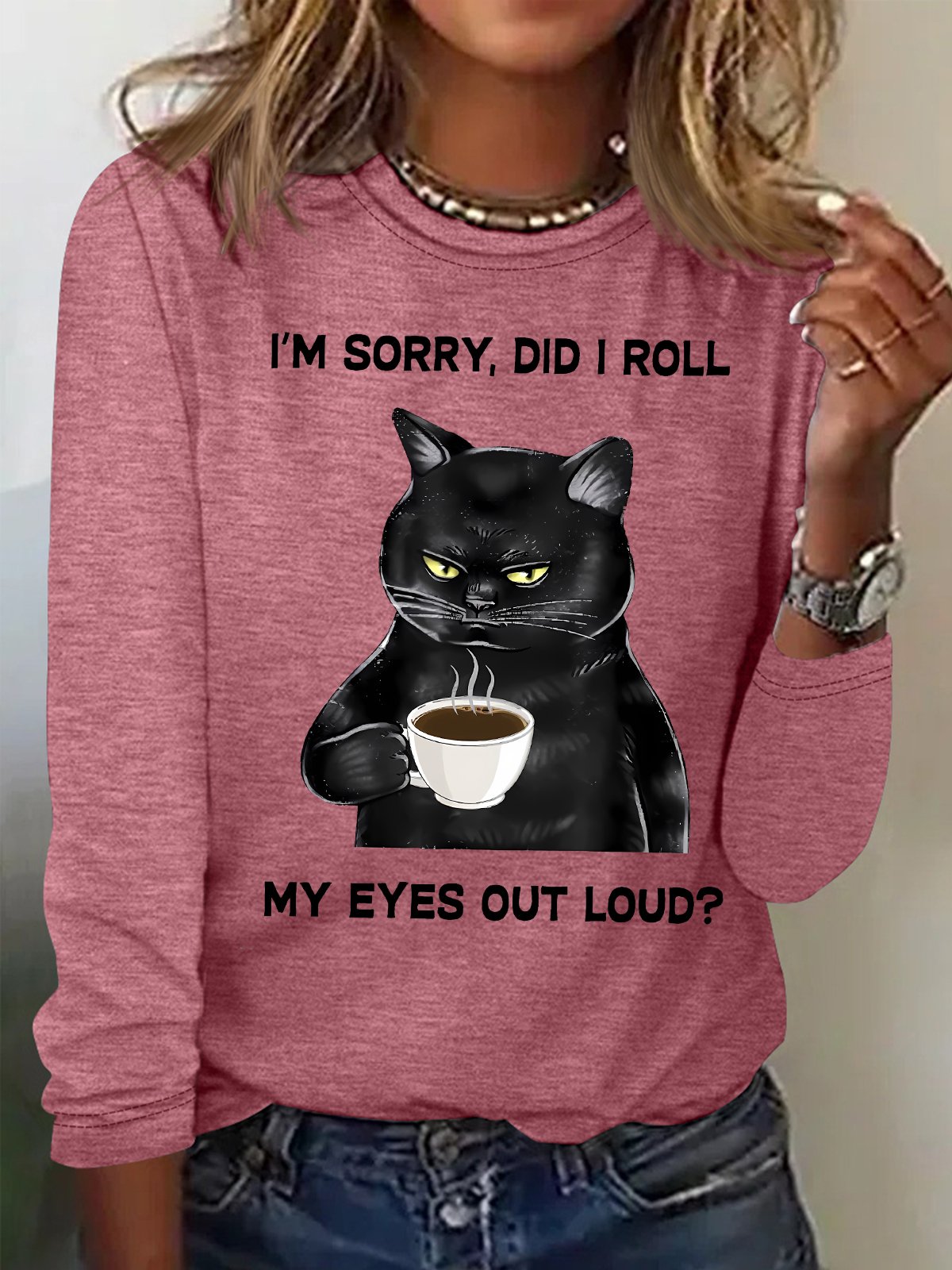 Women's I Am Sorry Did I Roll My Eyes Out Loud Funny Back Cat Graphic Printing Crew Neck Casual Cotton-Blend Regular Fit Shirt