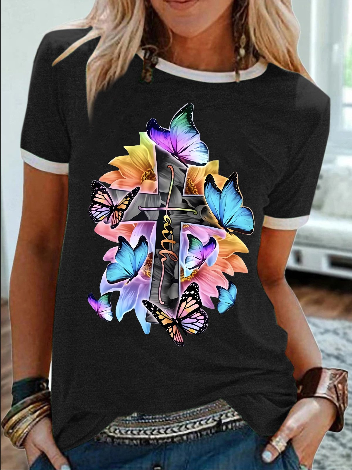 Women's Religious Belief Colorful Butterfly Funny Graphic Printing Cotton-Blend Text Letters Casual T-Shirt