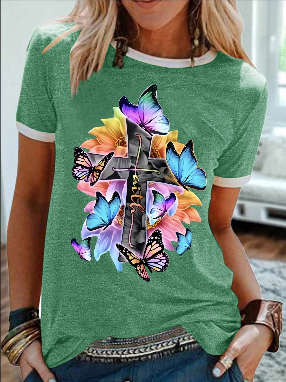 Women's Religious Belief Colorful Butterfly Funny Graphic Printing Cotton-Blend Text Letters Casual T-Shirt