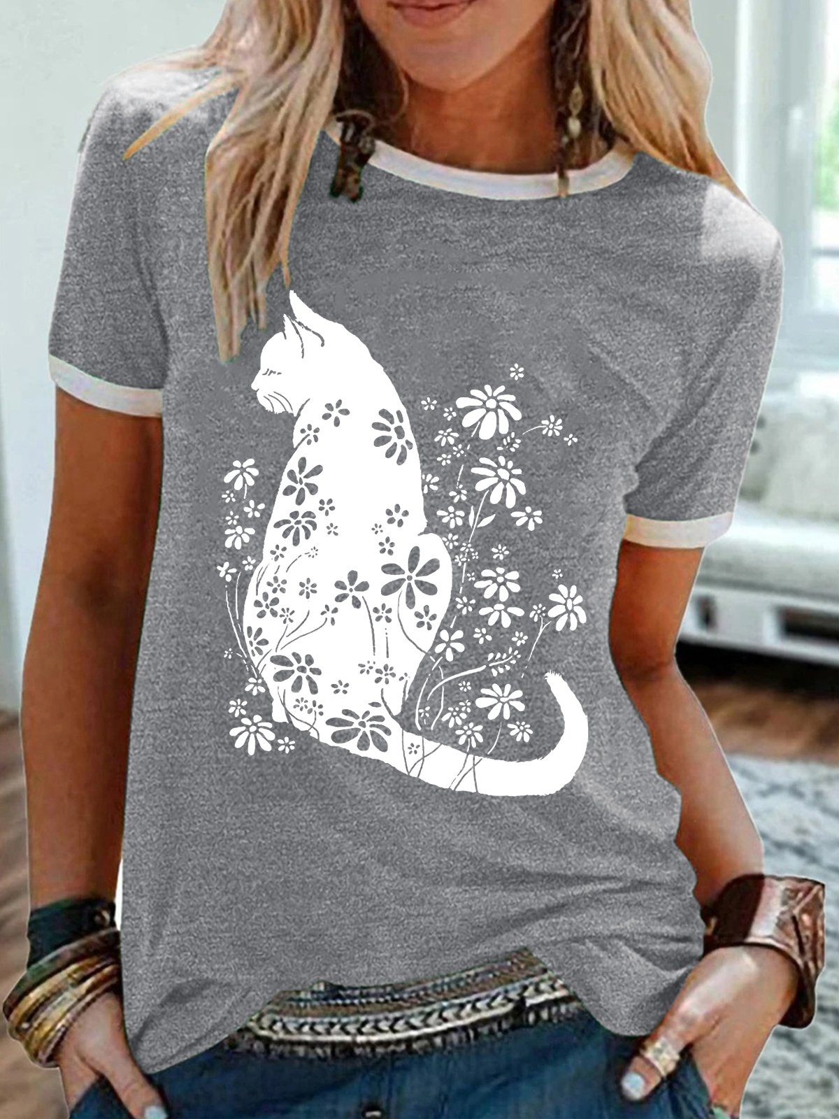 Women's Cat Flower Print Casual T-Shirt