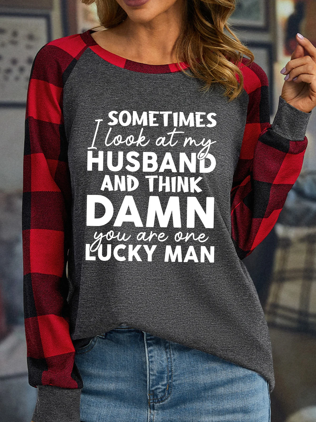 Lilicloth X Manikvskhan Sometimes I Look At My Husband Women's Long Sleeve Buffalo Plaid T-Shirt