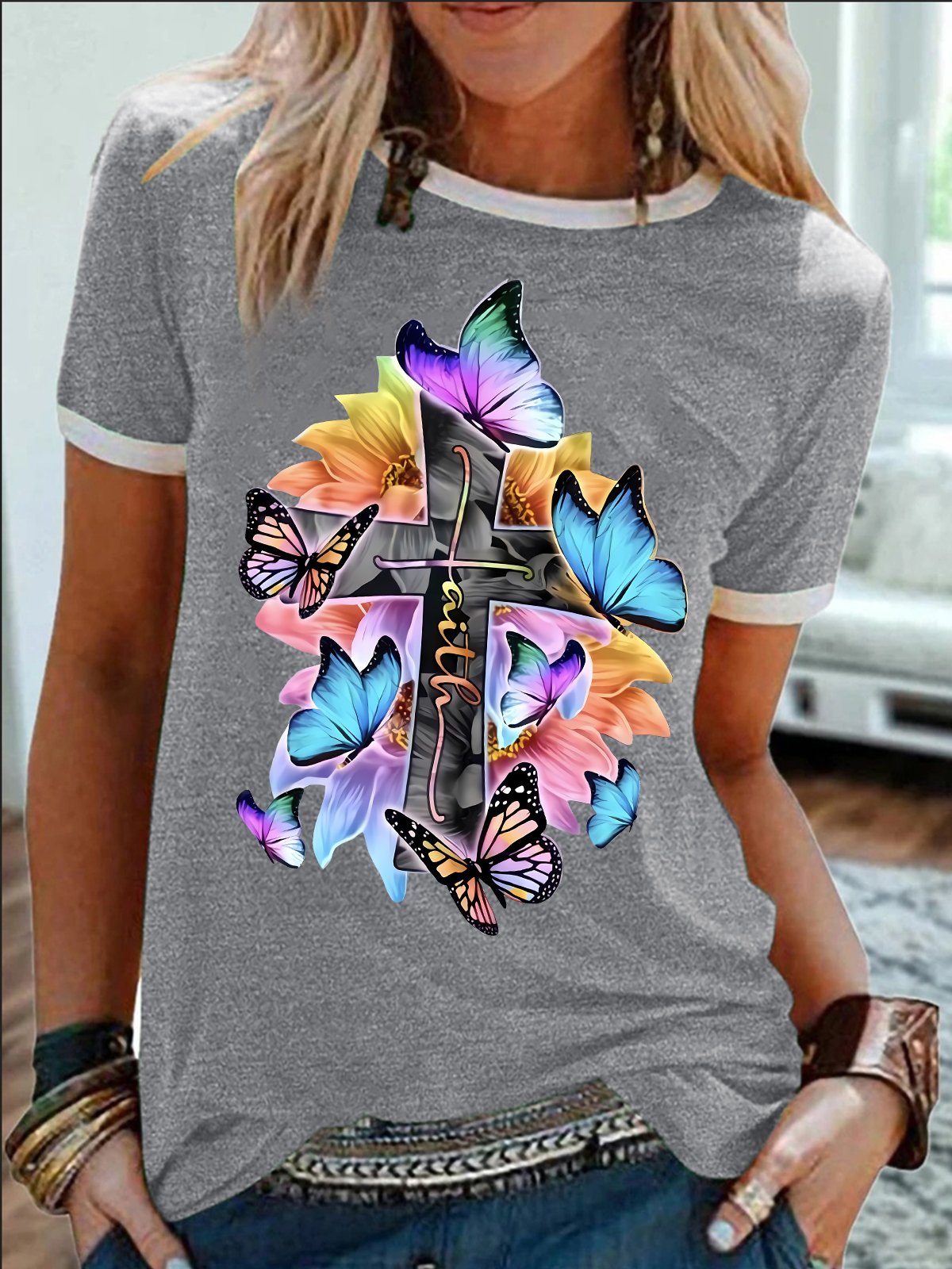 Women's Religious Belief Colorful Butterfly Funny Graphic Printing Cotton-Blend Text Letters Casual T-Shirt