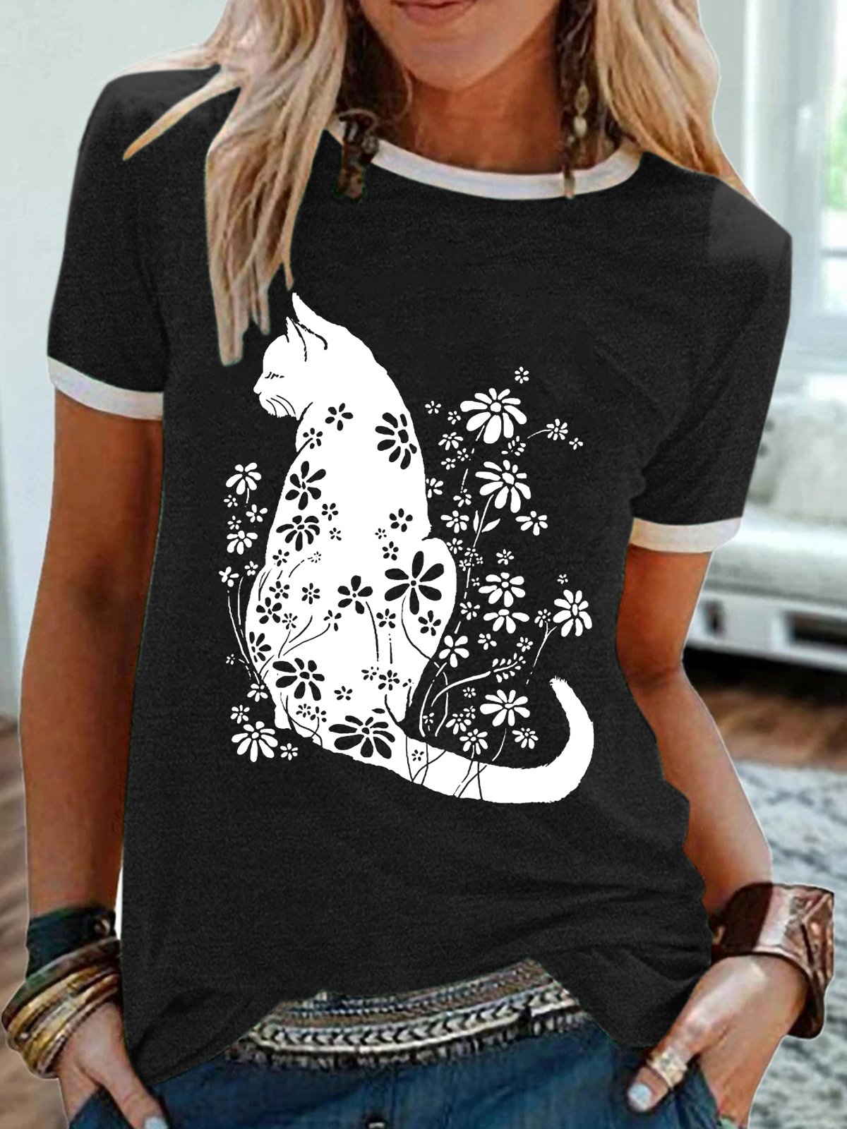 Women's Cat Flower Print Casual T-Shirt