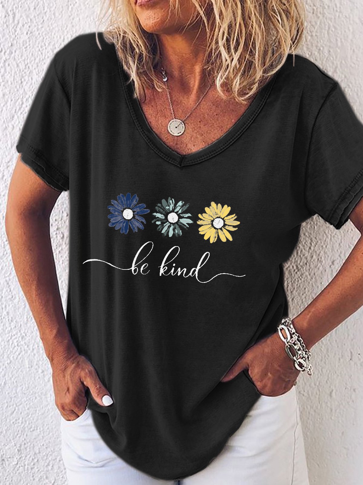 Women's Daisy Be Kind Casual V Neck Cotton-Blend T-Shirt