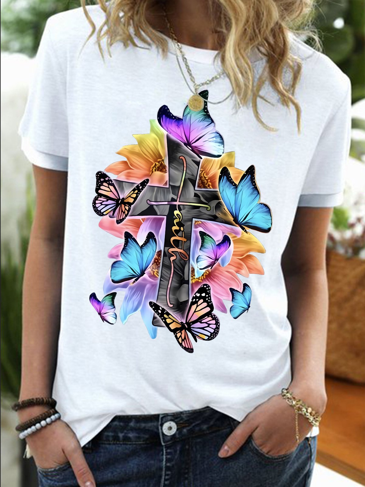 Women's Religious Belief Colorful Butterfly Funny Graphic Printing Cotton-Blend Text Letters Casual T-Shirt