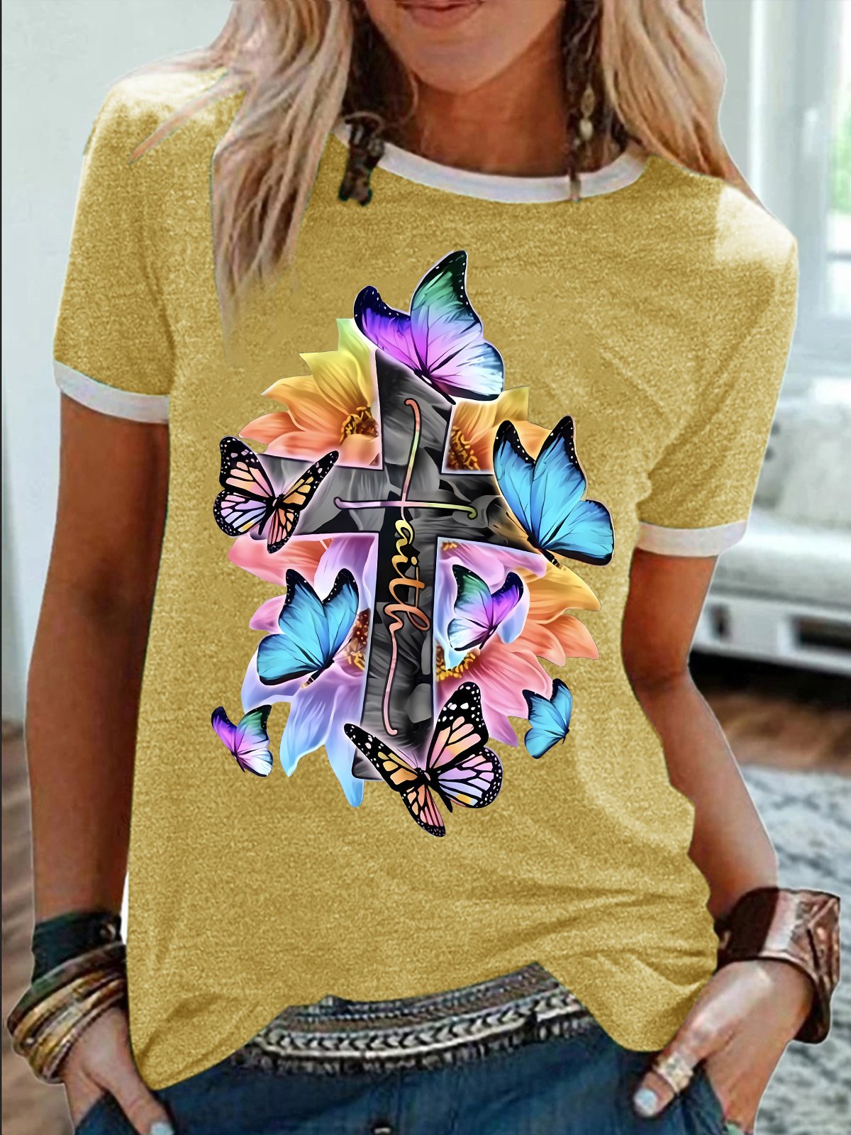 Women's Religious Belief Colorful Butterfly Funny Graphic Printing Cotton-Blend Text Letters Casual T-Shirt