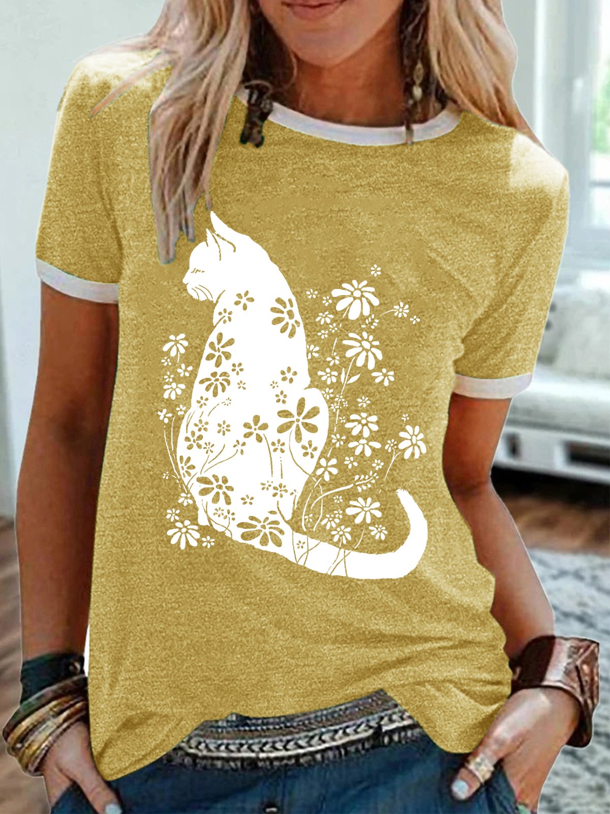 Women's Cat Flower Print Casual T-Shirt