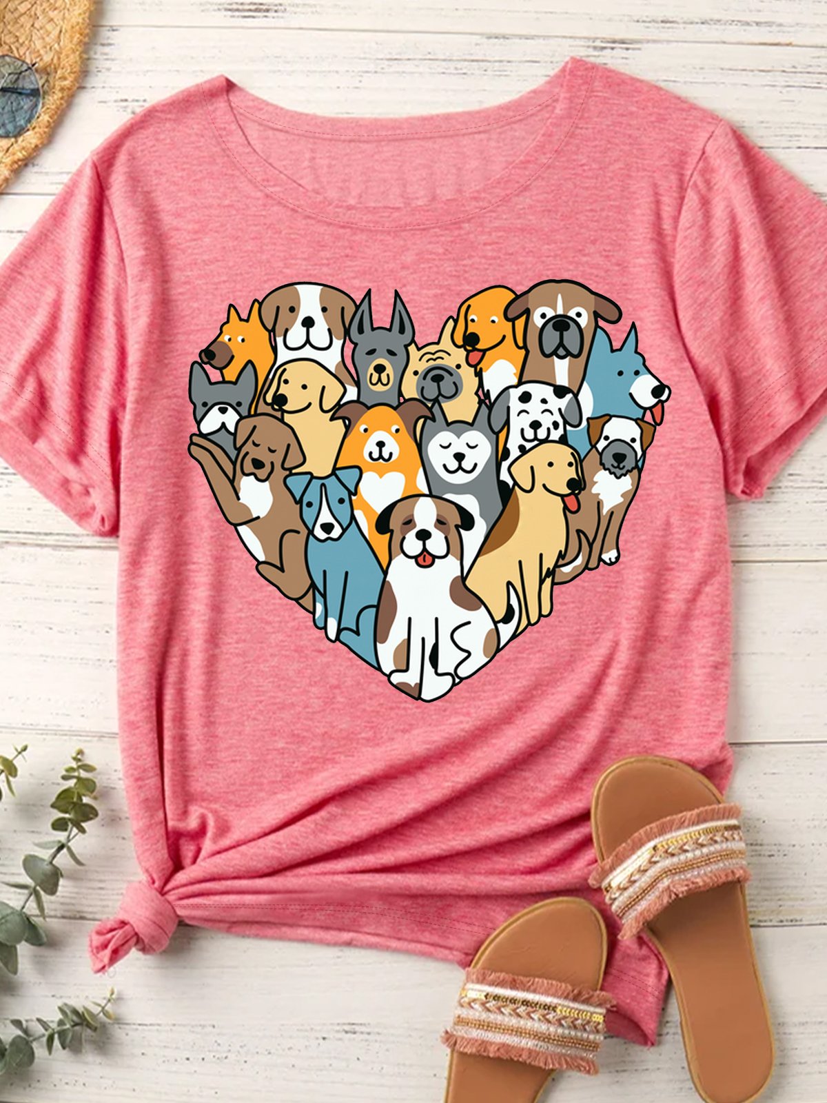 Women‘s Heart Of Dog Print Crew Neck Casual T-Shirt