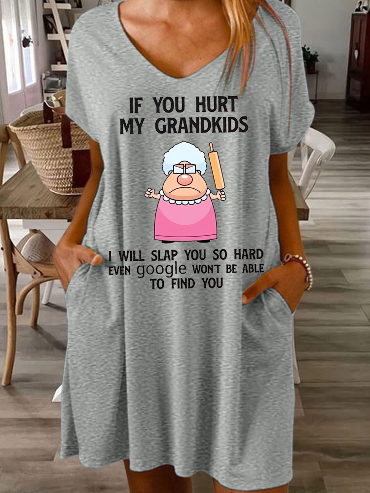 Women's Funny If You Hurt My Grandkids I Will Slap You So Hard Even Google Won T Be Able To Find You Casual Loose V Neck Dress