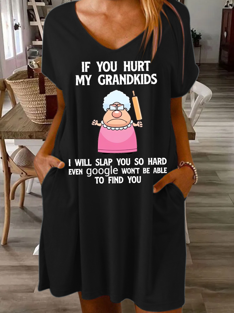 Women's Funny If You Hurt My Grandkids I Will Slap You So Hard Even Google Won T Be Able To Find You Casual Loose V Neck Dress