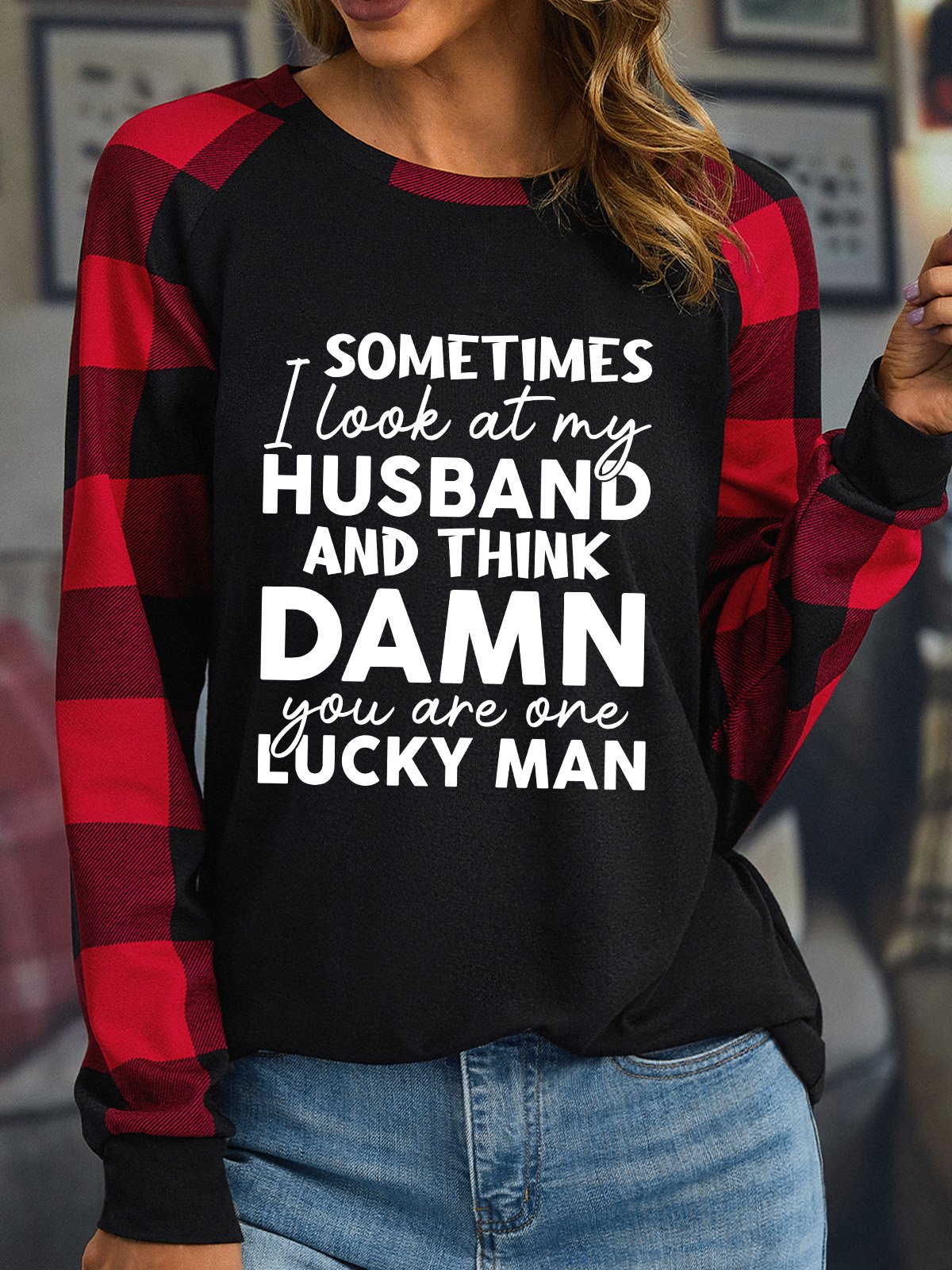 Lilicloth X Manikvskhan Sometimes I Look At My Husband Women's Long Sleeve Buffalo Plaid T-Shirt