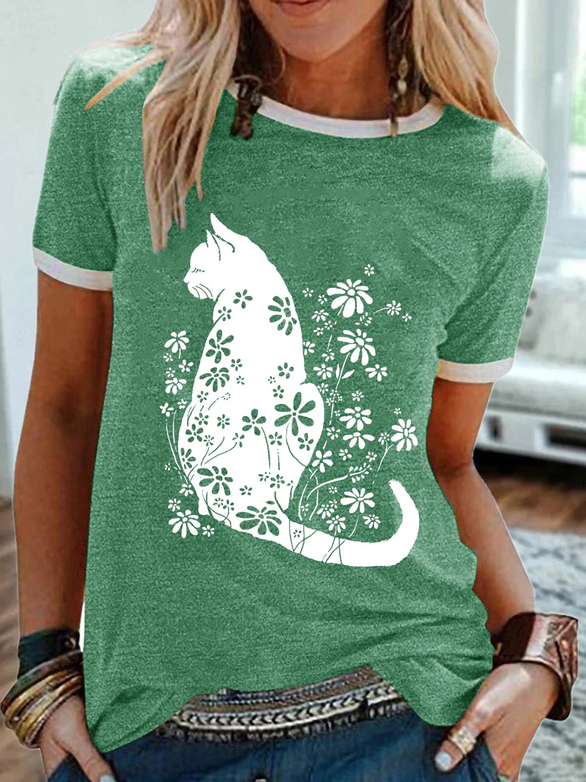 Women's Cat Flower Print Casual T-Shirt