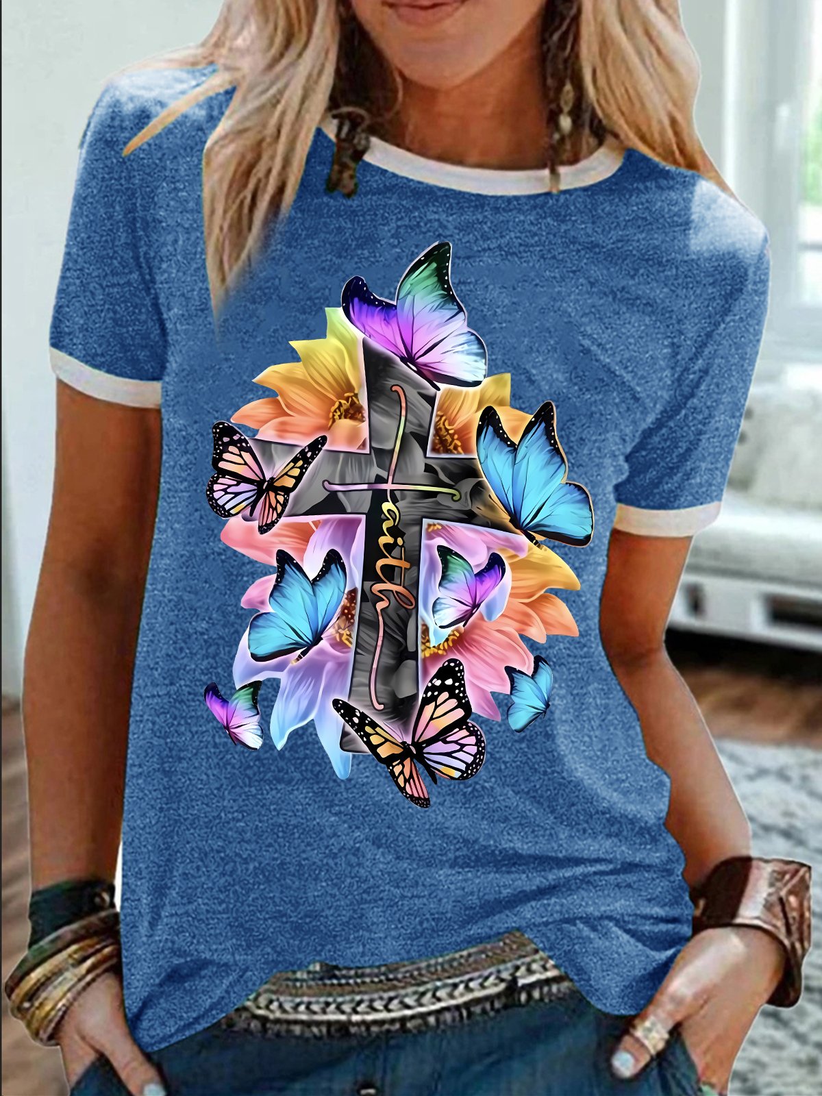 Women's Religious Belief Colorful Butterfly Funny Graphic Printing Cotton-Blend Text Letters Casual T-Shirt