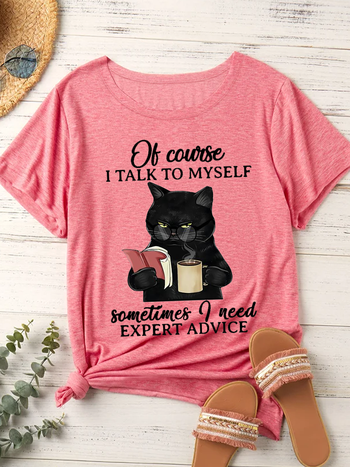 Women‘s Funny Black Cat Books Of Course I Talk To Myself Sometimes I Need Expert Advice Casual T-Shirt