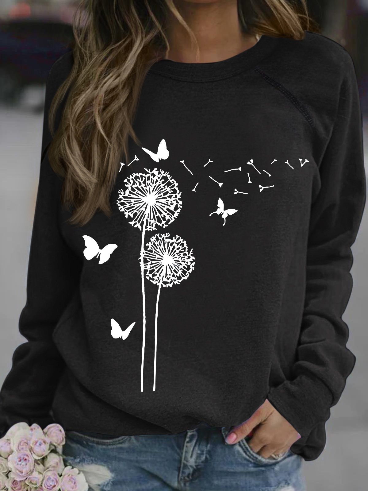 Women's dandelion butterfly Funny Graphic Printing Loose Dandelion Casual Sweatshirt