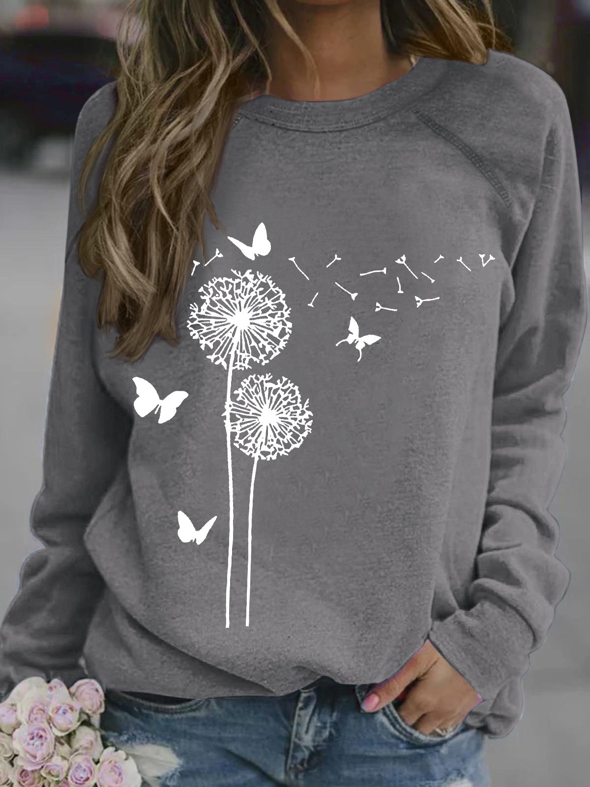 Women's dandelion butterfly Funny Graphic Printing Loose Dandelion Casual Sweatshirt