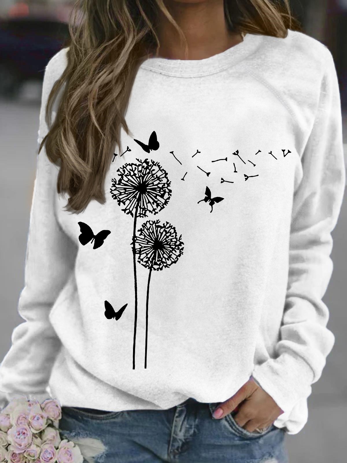 Women's dandelion butterfly Funny Graphic Printing Loose Dandelion Casual Sweatshirt