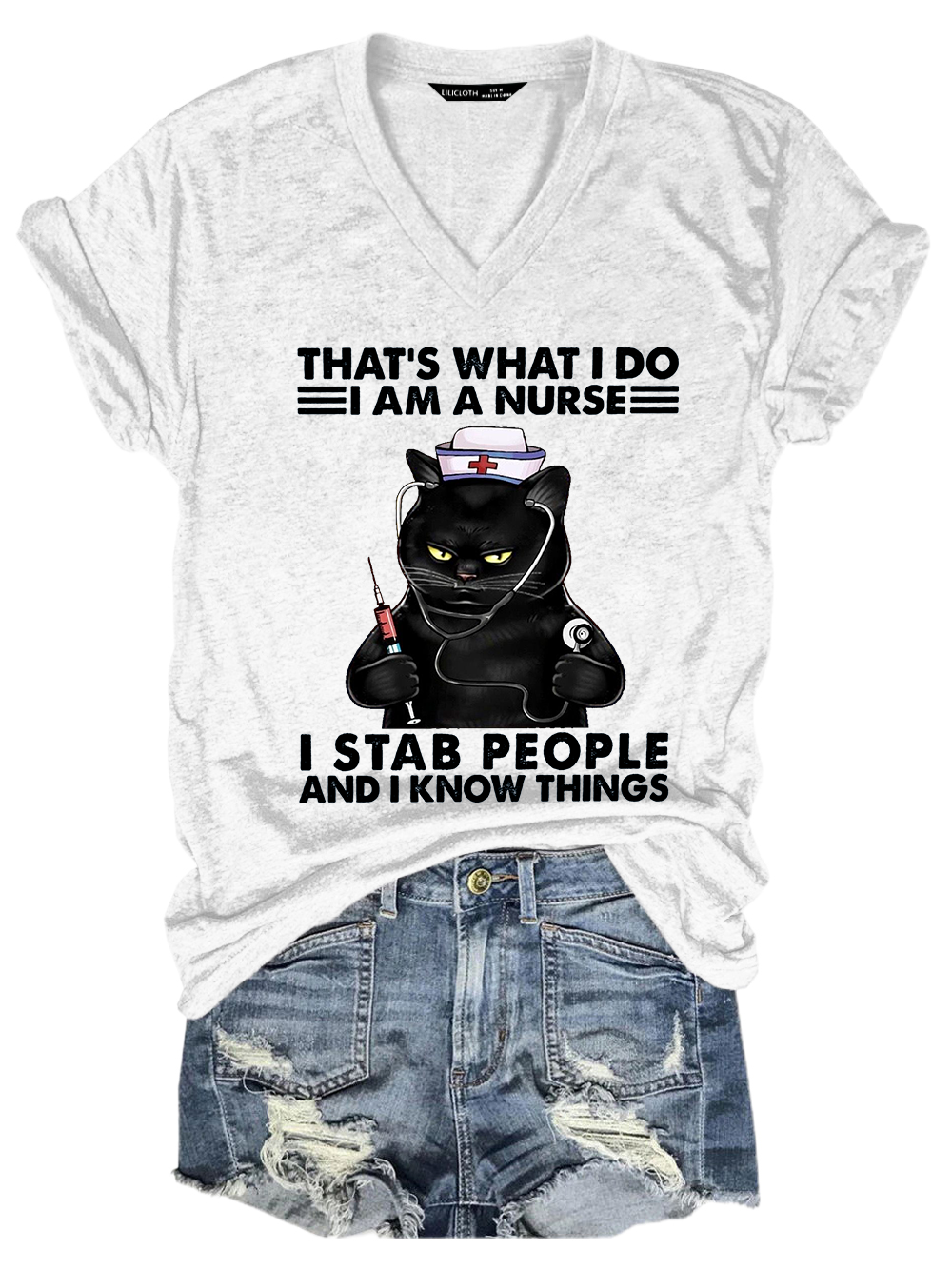 Women‘s Funny Word That's What I Do I Am A Nurse Black Cat Casual Text Letters T-Shirt