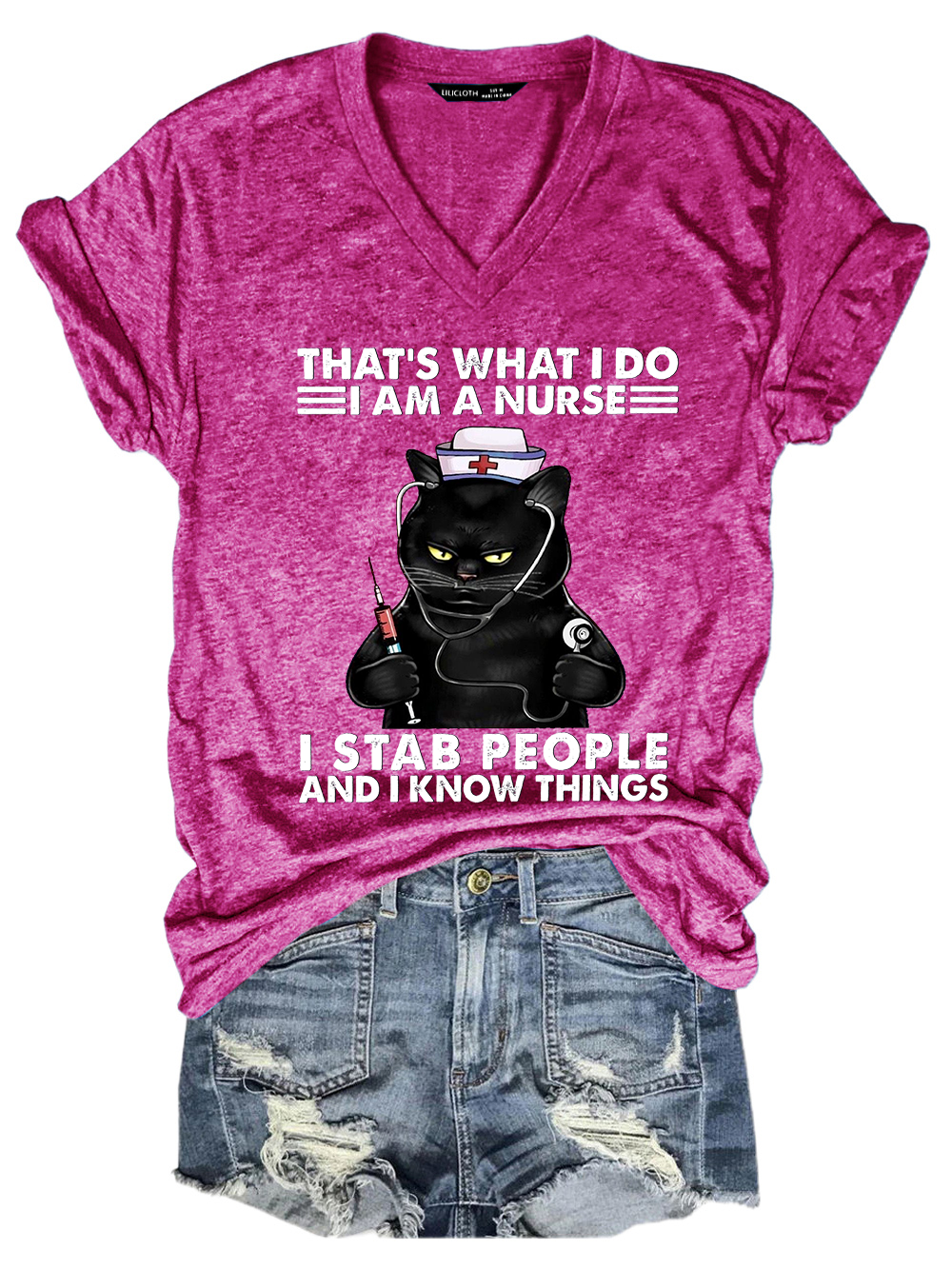 Women‘s Funny Word That's What I Do I Am A Nurse Black Cat Casual Text Letters T-Shirt