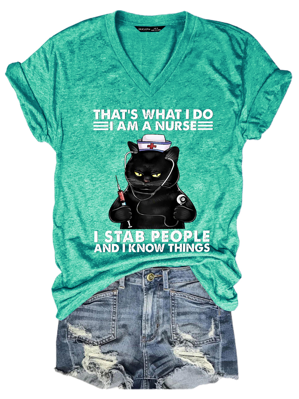 Women‘s Funny Word That's What I Do I Am A Nurse Black Cat Casual Text Letters T-Shirt