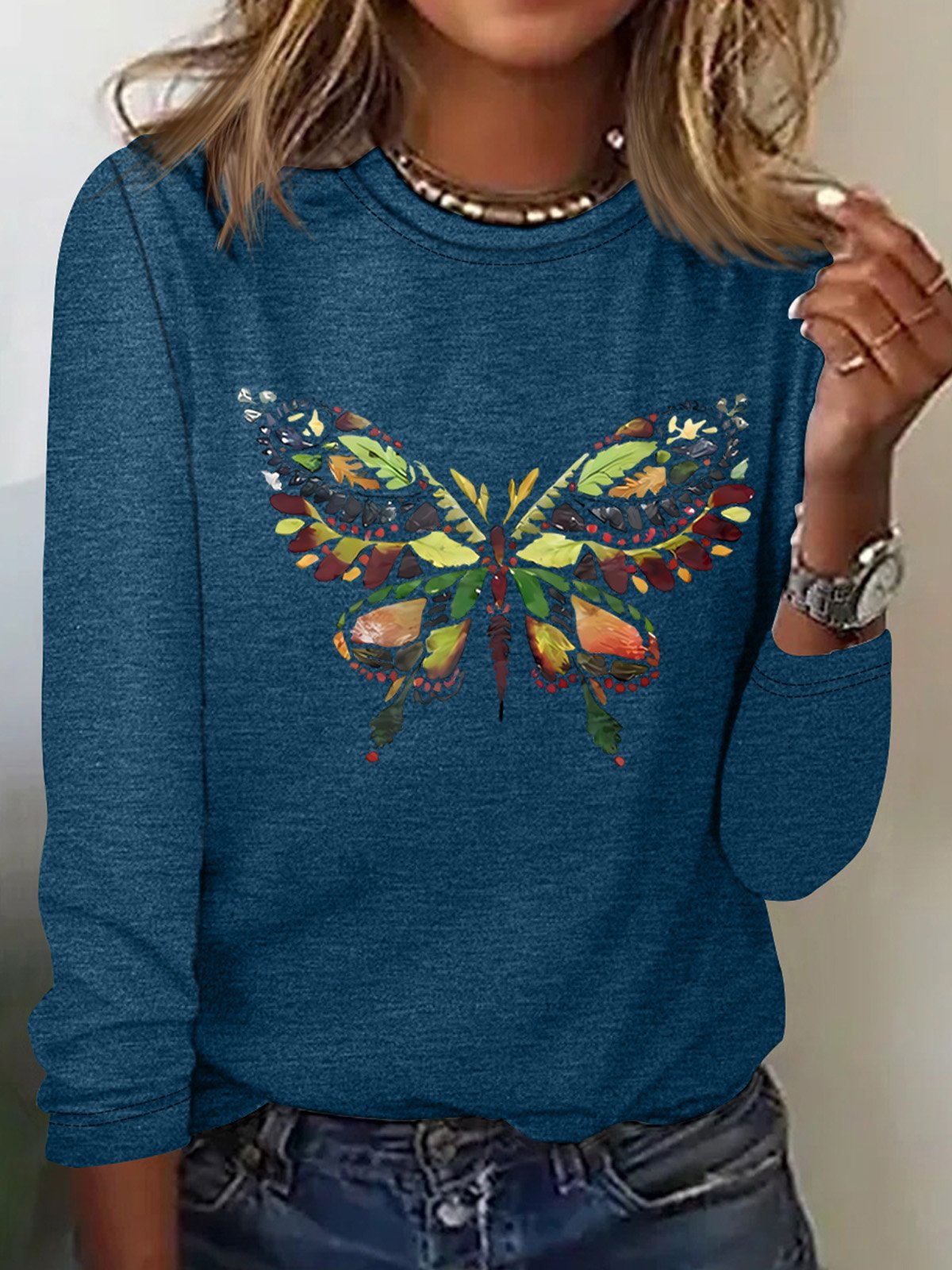 Women's Butterfly Printed Simple Long Sleeve T-Shirt