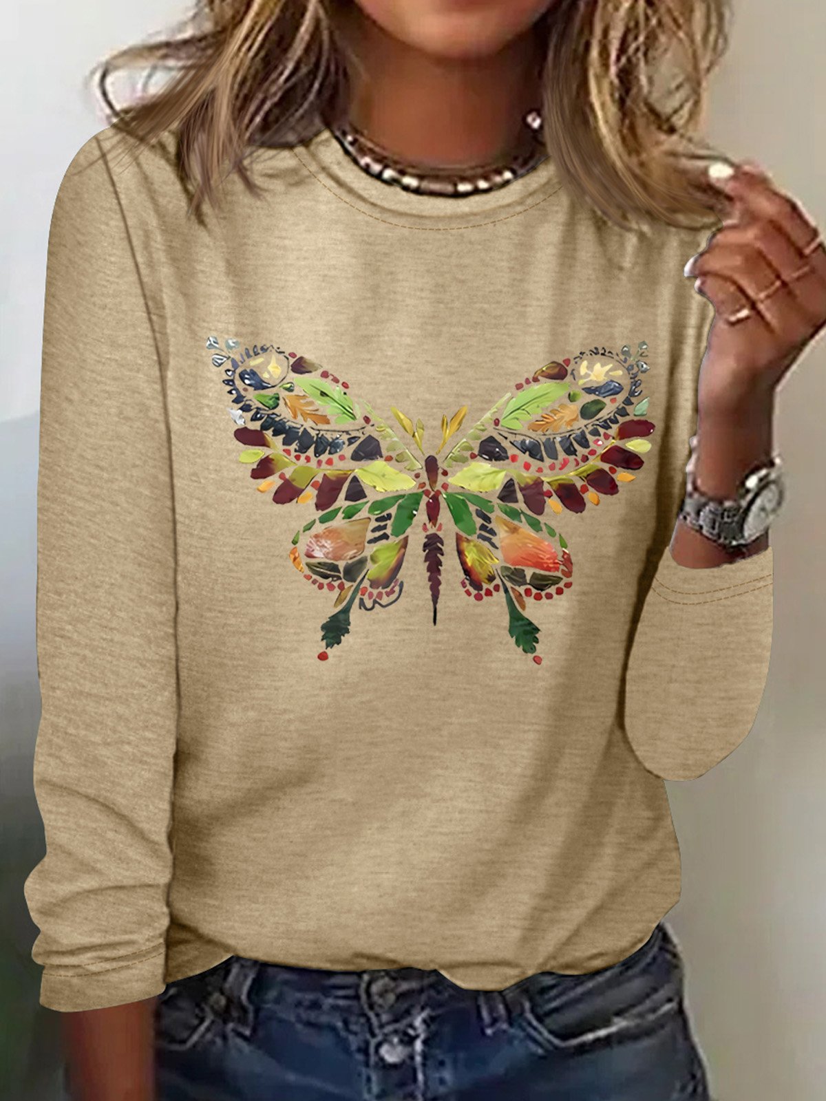 Women's Butterfly Printed Simple Long Sleeve T-Shirt