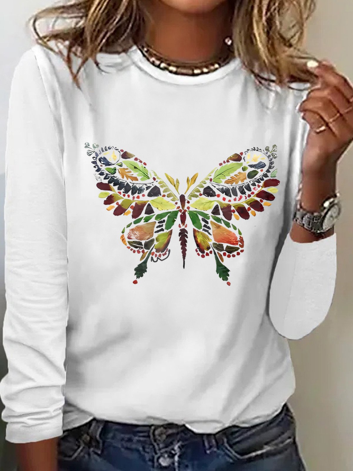 Women's Butterfly Printed Simple Long Sleeve T-Shirt