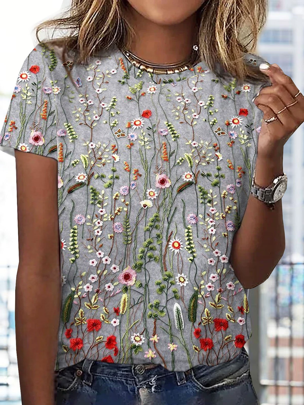 Jersey Floral Printed Casual Crew Neck T-Shirt