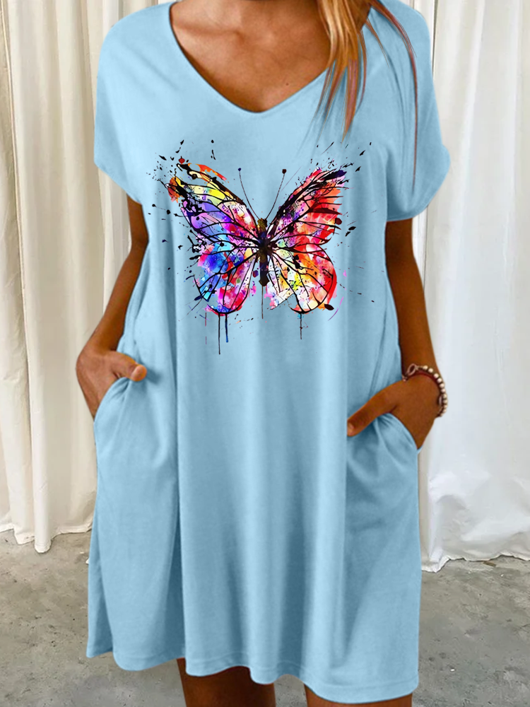 Women's Loose Casual Butterfly V Neck Dress