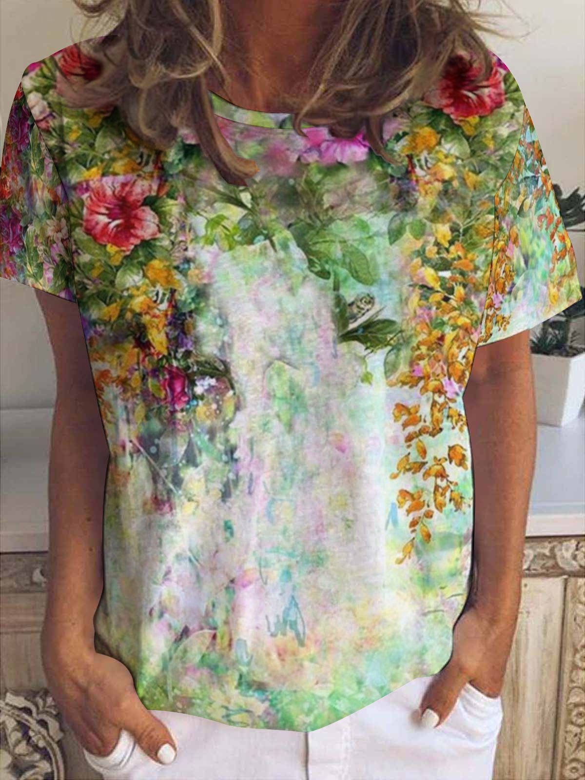 Women's Art Print Floral Casual Crew Neck Loose T-Shirt