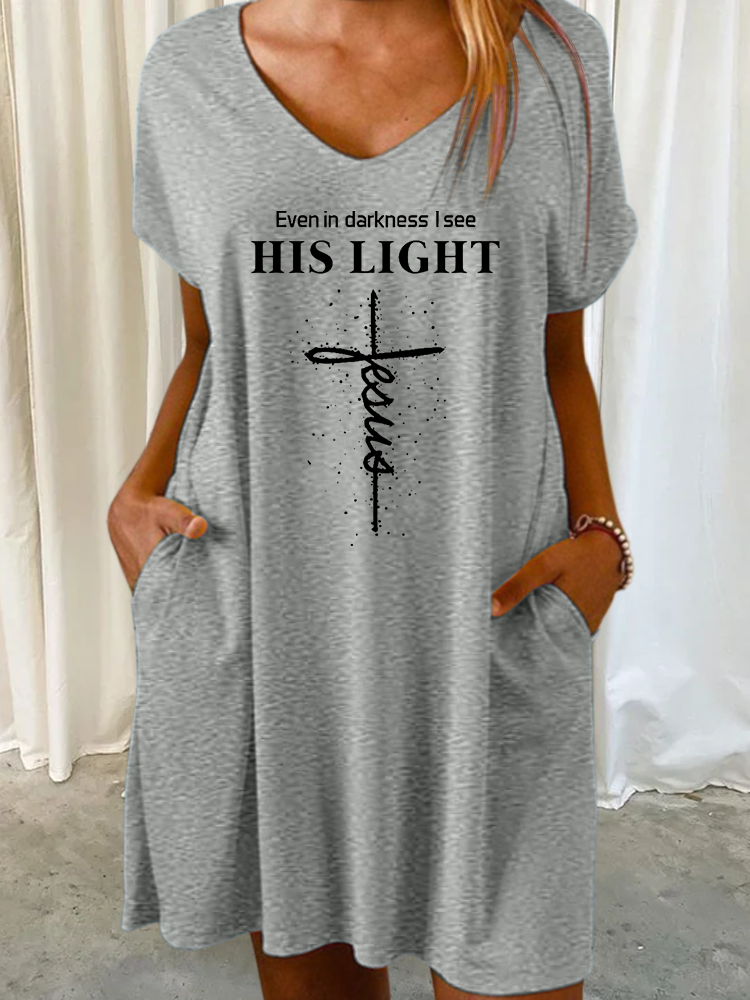 Women’s Cross Jesus Even In Darkness I See His Light V Neck Text Letters Casual Dress