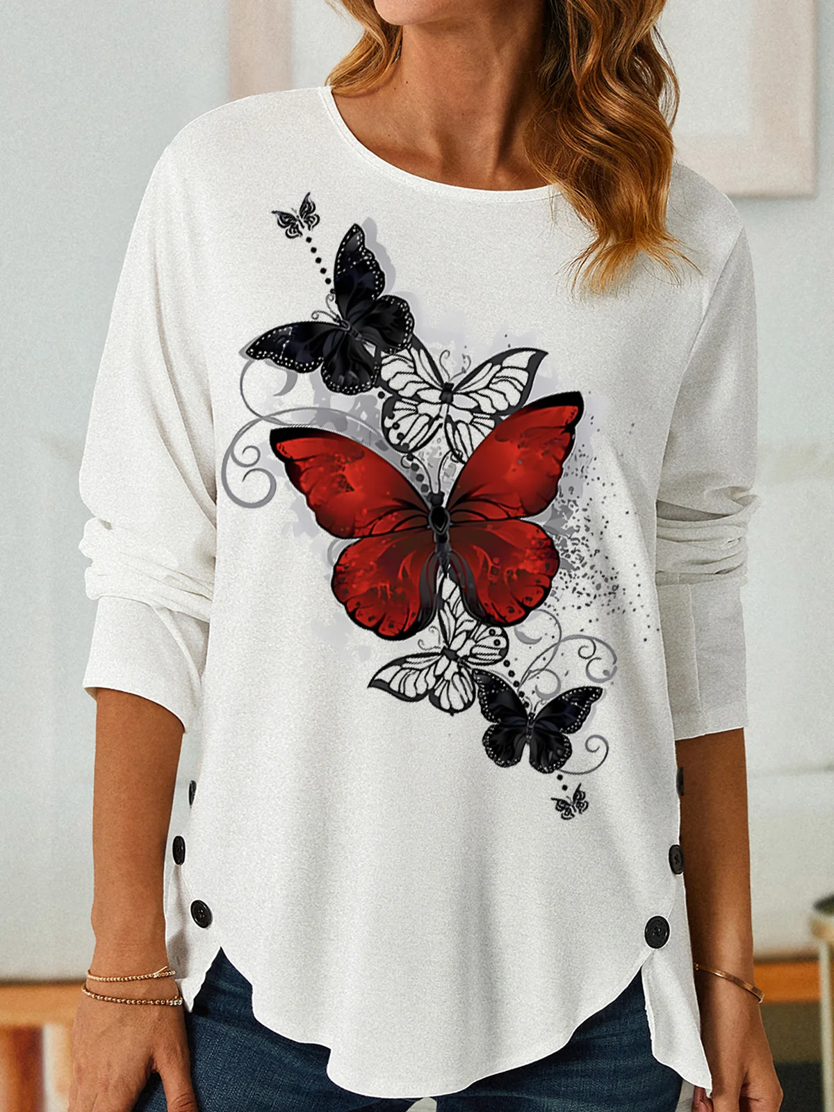 Women's Fashion Butterfly Graphic Printing Casual Crew Neck Shirt