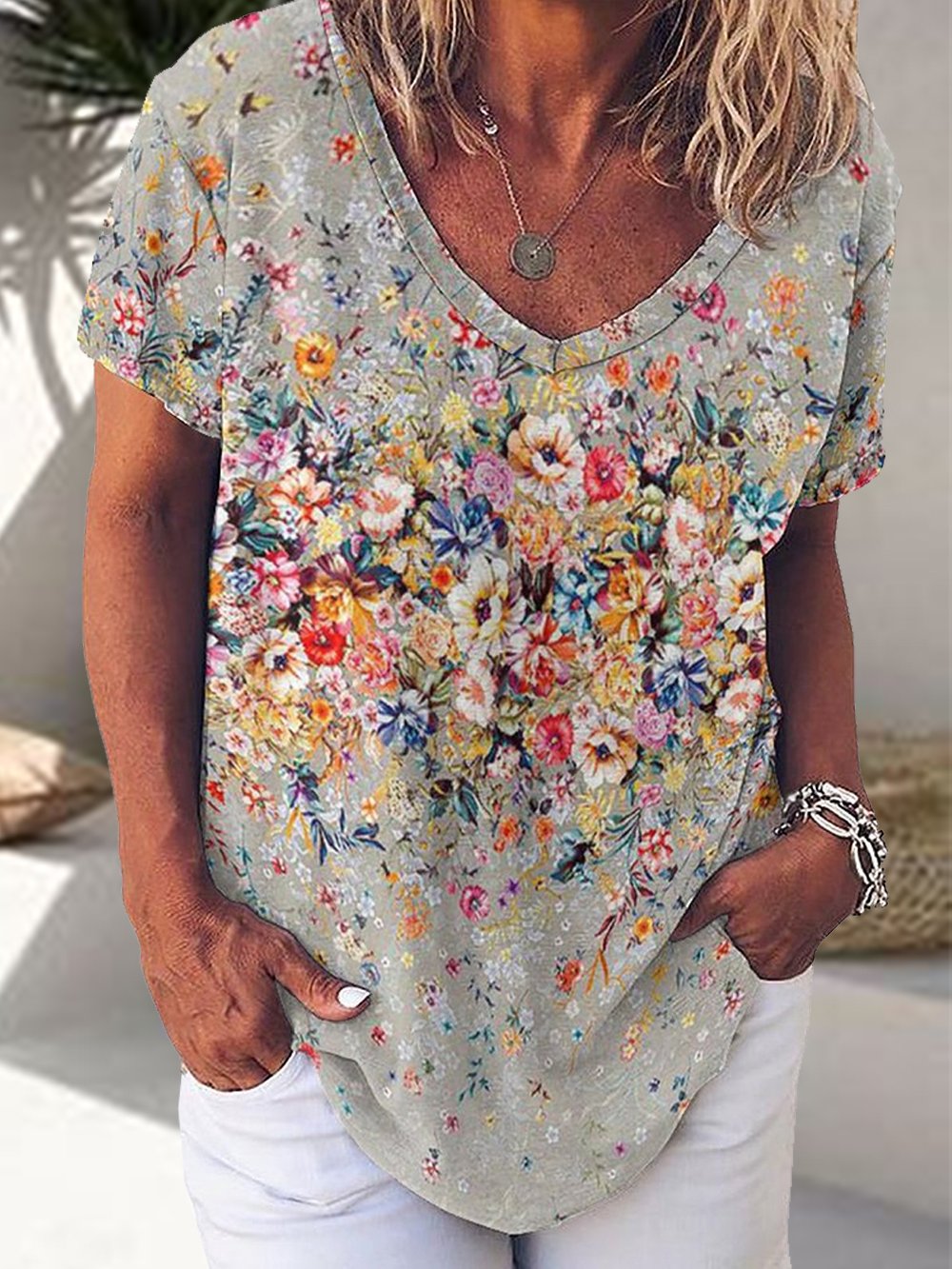 Women's Art Floral Print V Neck Casual Loose T-Shirt