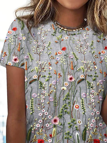 Jersey Floral Printed Casual Crew Neck T-Shirt